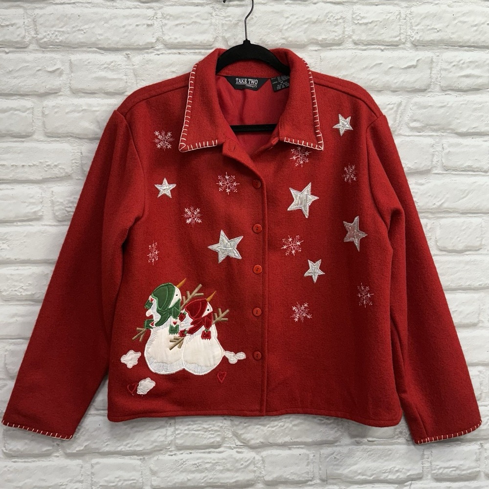 Vtg Take Two Womens Christmas‎ Jacket Red Wool Blend Snowman Holiday Embroidered
